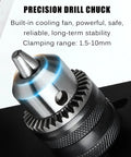 Precision drill chuck of AOXHUGB Mini Metal Lathe Machine 1200W, clamping range 1.5-10mm, ideal for precise drilling.