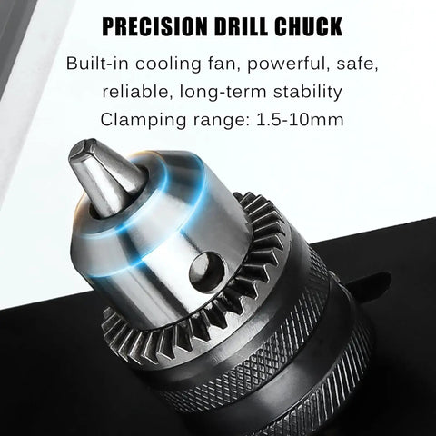 Precision drill chuck of AOXHUGB Mini Metal Lathe Machine 1200W, clamping range 1.5-10mm, ideal for precise drilling.