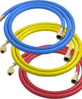 Refrigerant manifold hose set, front view, three color-coded hoses blue yellow red with brass 1/4 inch flare fittings