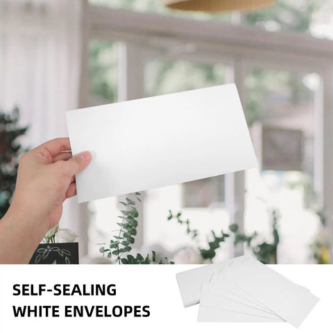Hand holding White Self Seal Confidentiality Envelopes 115mm By 225mm For Office Documents And Shipping in office setting.