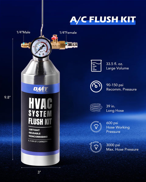 AC Flush Kit With 33.5 Oz Stainless Tank, HVAC Flushing Tool Set for R134a R12 R22 R410a R404a, One Quarter Inch Adapter