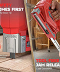 Badass Cordless Brad Nailer and T-50 Staple Gun 2-In-1 Powerhouse Featherlight 3Lb Tool close-up of safety nose tip and jam release feature.