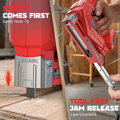 Badass Cordless Brad Nailer and T-50 Staple Gun 2-In-1 Powerhouse Featherlight 3Lb Tool close-up of safety nose tip and jam release feature.