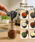 Mess Free Two Tablespoon Coffee Scoop With Built In Funnel For Reusable K Cup Pods pouring ground coffee into jar.