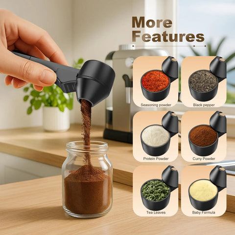 Mess Free Two Tablespoon Coffee Scoop With Built In Funnel For Reusable K Cup Pods pouring ground coffee into jar.