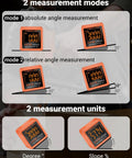 Digital angle finder in absolute and relative modes, showcasing degrees and slope measurements. Dead On Digital Angle Finder And Magnetic Torpedo Level Boasting A Crisp Backlit Display And Lightning Fast Auto Calibration For Zero Hassle DIY Projects And Precision Woodworking Cuts.