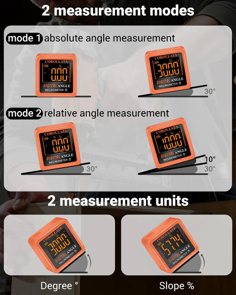 Digital angle finder in absolute and relative modes, showcasing degrees and slope measurements. Dead On Digital Angle Finder And Magnetic Torpedo Level Boasting A Crisp Backlit Display And Lightning Fast Auto Calibration For Zero Hassle DIY Projects And Precision Woodworking Cuts.