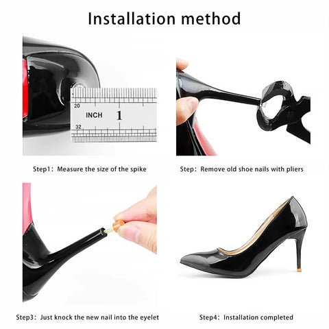 Installation method for Ten Pairs High Heel Tips Replacement Kit With U Shape Heel Caps Covers And Metal Pins In Black Or Brown.
