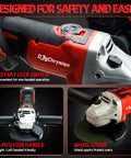 Close-up of Cordless 20V Angle Grinder With Makita 18V Battery Compatibility showcasing rotary lock switch and 2-position handle.