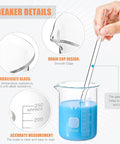 Hand holding stir rod in 250ml beaker with blue liquid, showcasing drain cup and borosilicate glass details for science lab gear.
