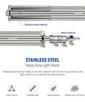 7.2Ft Stainless Steel Light Stand with spring cushioned heavy-duty build, metal connectors for strobes, LED video lights