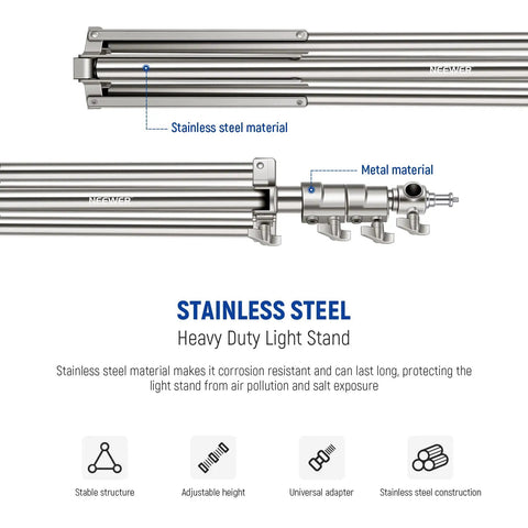 7.2Ft Stainless Steel Light Stand with spring cushioned heavy-duty build, metal connectors for strobes, LED video lights