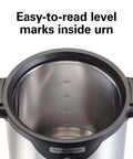 Interior of Commercial 40 Cup Stainless Steel Coffee Urn With No Touch Dispensing Double Wall Thermal Carafe, marked levels visible