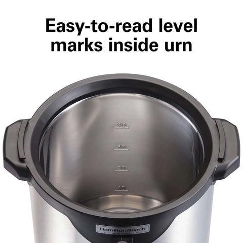 Interior of Commercial 40 Cup Stainless Steel Coffee Urn With No Touch Dispensing Double Wall Thermal Carafe, marked levels visible