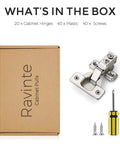 20 Pack 10 Pairs Half Inch Overlay Brushed Nickel Short Arm Kitchen Cabinet Hinges With Soft Close 105 Degree Concealed Hinges Includes Screwdriver And Mounting Screws For Face Frame Doors Ravinte shown with packaging, hinge, screwdriver, and screws.