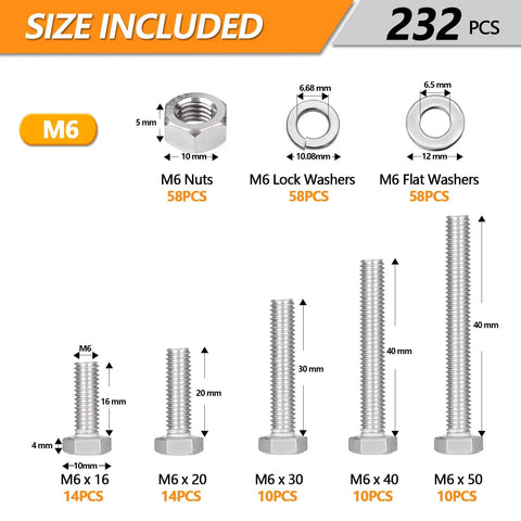M6 Screws Kit 232 Pieces With Hex Nuts, Flat Washers, And Split Lock Washers, 16mm To 50mm Stainless 304 Fasteners For Automotive, Machinery, And Structural Projects showing sizes and counts