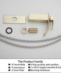 Brushed Gold Waterfall Bathroom Faucet Deck Mount Single Handle 4 Inch Install With 6.5 Inch Cover Plate Vanity Sink Faucet No Drip Ceramic Disc Cartridge Easy Install components layout
