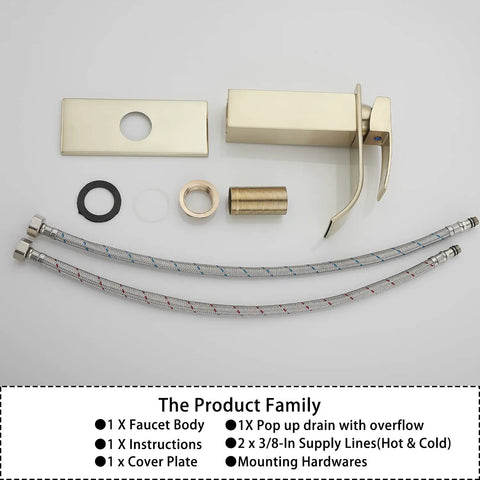 Brushed Gold Waterfall Bathroom Faucet Deck Mount Single Handle 4 Inch Install With 6.5 Inch Cover Plate Vanity Sink Faucet No Drip Ceramic Disc Cartridge Easy Install components layout