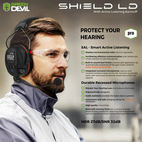 Man wearing Bluetooth Hearing Protection Earmuff Headphones With Boom Microphone All Day Comfort 27dB Noise Canceling Active Listening