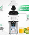 Pramedia Cordless Electric Citrus Juicer 60W Stainless Steel USB-C Rechargeable Orange Squeezer disassembled view with components shown.
