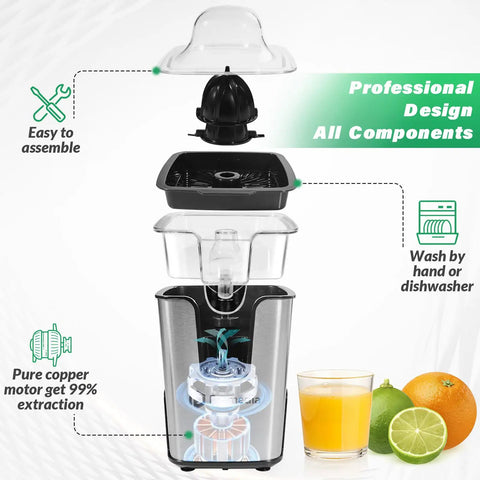 Pramedia Cordless Electric Citrus Juicer 60W Stainless Steel USB-C Rechargeable Orange Squeezer disassembled view with components shown.