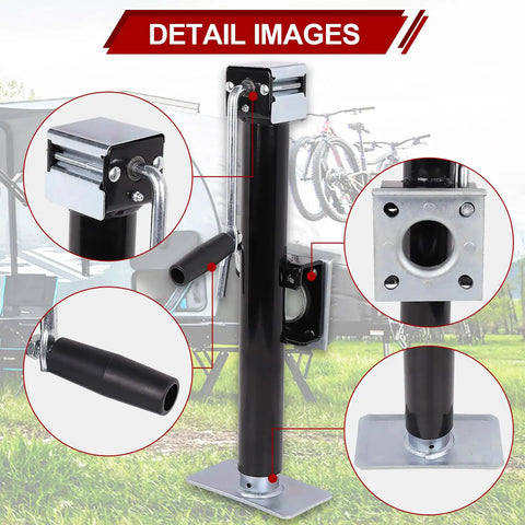 Heavy Duty Trailer Jack With 360 Swivel Weld-On Pipe Mount, 15 Inch Lift Range, Ergonomic Side Wind Handle And Foot Plate, Corrosion-Resistant Black E-Coat Finish, Supports 5,000 Lbs For RVs, Boat, Utility And Farm Trailers, shown with swivel mount and foot plate