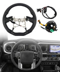 Toyota Tacoma 2016 2023 Heated Perforated Leather Steering Wheel Replacement Kit, Premium Microfiber Leather shown installed and components
