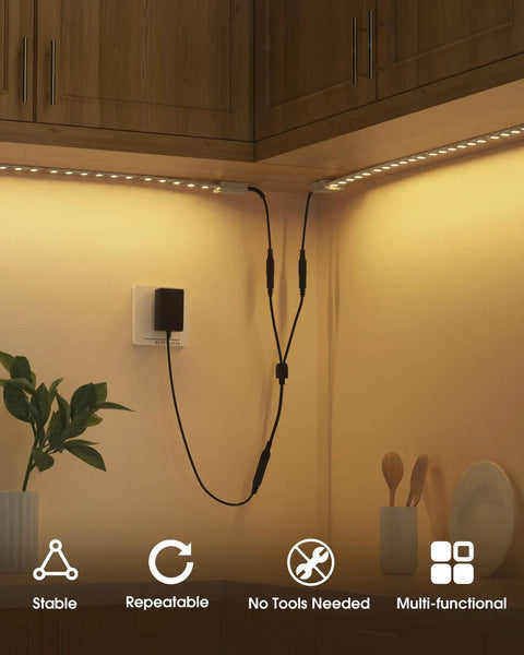 Under-cabinet lighting using No-Solder No-Fuss Gapless LED Connector Kit For 8mm 2835 And 3528 LED Strips, 2Pin Jumpers, DC Splitter.