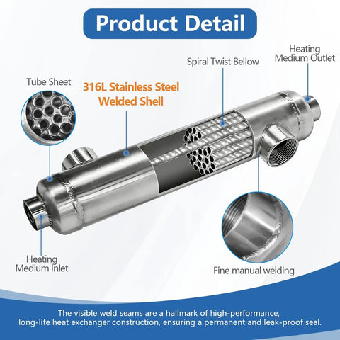 Built Like A Tank Shell And Tube Heat Exchanger 3600 KBtu showing 316L stainless steel welded shell and ports for pool systems.