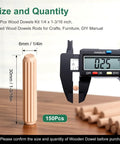 150 Piece Wood Dowels Kit 1/4 x 1-3/16 Inch Fluted Beveled Dowels shown with caliper measuring tool