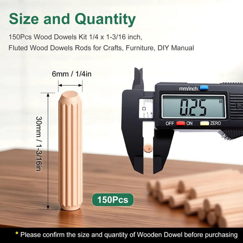 150 Piece Wood Dowels Kit 1/4 x 1-3/16 Inch Fluted Beveled Dowels shown with caliper measuring tool