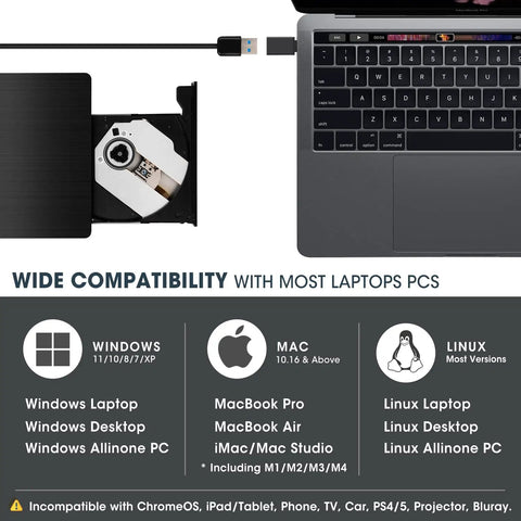 External CD DVD Drive Burner USB 3.0 Type C For Laptop And PC Plug And Play No Fuss Optical Drive Plays DVDs And CDs Burns Media Rips Audio And Video Time Tested Classic And Ultra Reliable For Travel, black slim drive connected to MacBook