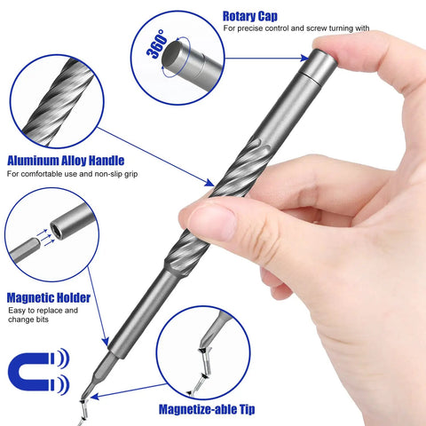 All In One Pro Grade 142 In 1 Precision Screwdriver Set Magnetic Repair Tool Kit close-up of aluminum handle and rotary cap