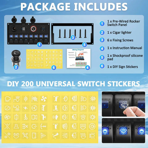 Package contents of 8 Gang Marine Rocker Switch Panel With Waterproof Boat Switches 12V DC Power Hub LED Voltmeter USB 3.1A Charger