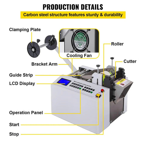 Heavy Duty Auto Tube Cutter 650W, Cuts Heat Shrink Tubing And Plastic Cable Sleeves Fast, with LCD and cooling fan components.