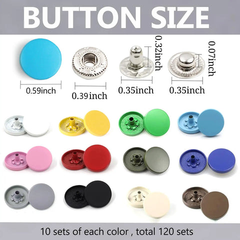120 Piece Leather Snap Button Kit With 15Mm Fasteners includes 12 color options and tools, displayed with button size details.