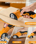 Heavy Duty Cordless Electric Scissors With Led Light Rechargeable Rotary Cutter For Cardboard Fabric Leather Carpet Plastic High Speed Safety Lock 4V Battery Power Hand Tool cutting through cardboard.