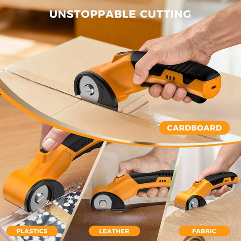 Heavy Duty Cordless Electric Scissors With Led Light Rechargeable Rotary Cutter For Cardboard Fabric Leather Carpet Plastic High Speed Safety Lock 4V Battery Power Hand Tool cutting through cardboard.