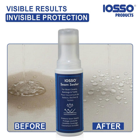 Invisible Protection Seam Sealer for Fabric 4oz PFAS Free Waterproof Sealant shown with water-resistant results on fabric.