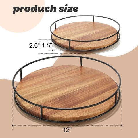 12 Inch Acacia Wood Lazy Susan Turntable With Steel Sides A Solid Kitchen Organizer For Condiments Spices Or Bakeware 360 Degree Rotating Stand