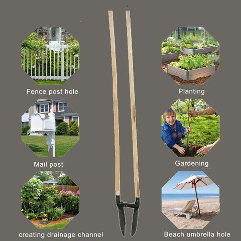 Heavy Duty Manual Post Hole Digger Featuring Sturdy Wood Handle And Razor Sharp Blades For Crushing Tough Clay Soil, ideal for planting and fencing.