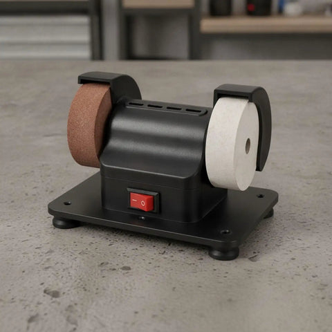 Badass Dual Wheel Bench Grinder With Sturdy Rubber Footed Base. Compact benchtop sharpening tool with brown and white wheels.