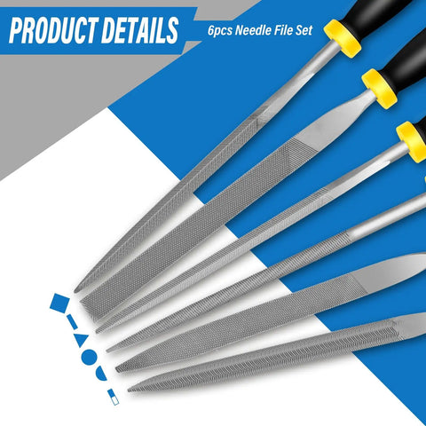 Six Piece Pro Grade Metal Needle File Set Hardened Alloy Steel with two flat, round, half-round, triangle, square files on display