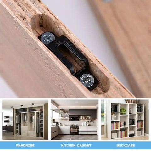 Close-up of Premium Heavy Duty 60 Piece Concealed Furniture Slide Connectors And Snap On Buckle Fasteners for cabinet assembly.