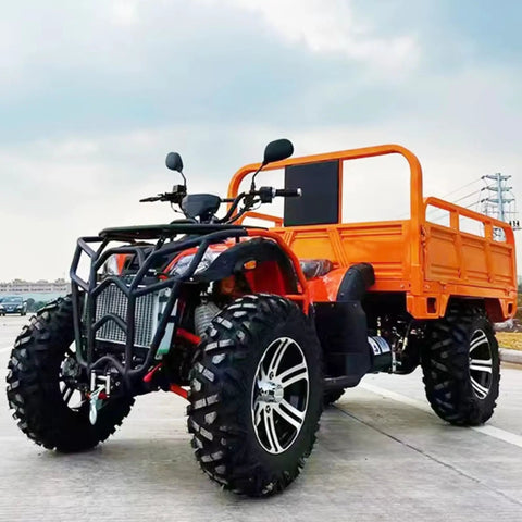 Heavy Duty Utility Trailer With Bucket For Tractor And ATV Use, featuring large tires and rugged design on pavement.
