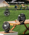 Clip On 8 Inch Portable Fan With 20000mAh Battery on wooden desk showcasing 3-in-1 clamp design, ideal for outdoor use