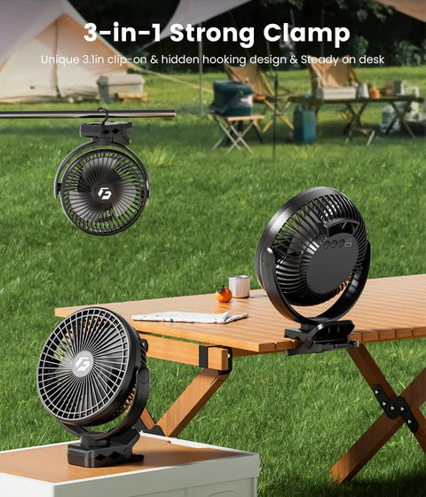 Clip On 8 Inch Portable Fan With 20000mAh Battery on wooden desk showcasing 3-in-1 clamp design, ideal for outdoor use