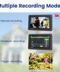 Plug And Play DIY Wireless Security Camera System With 7 Inch Touchscreen Monitor displaying multiple recording modes