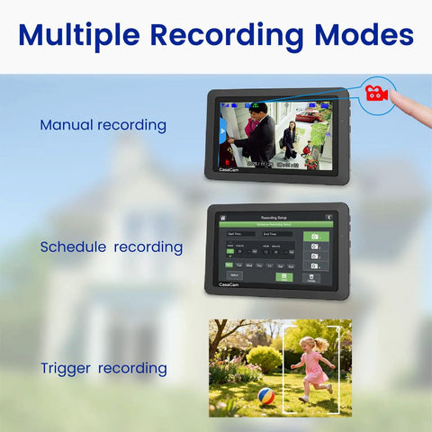 Plug And Play DIY Wireless Security Camera System With 7 Inch Touchscreen Monitor displaying multiple recording modes