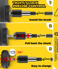 Installation steps of Eight Piece Drill Brush Attachment Set for Power Scrubbers, showing brush attachment and chuck mechanism.